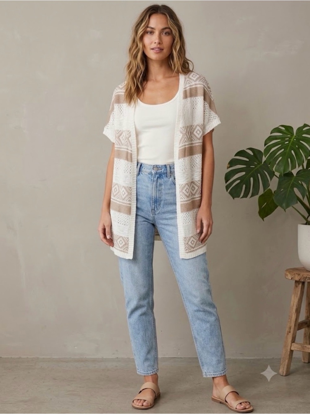 Cloud Chaser Open-Front Knit Cardigan in Cream and Tan